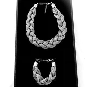 Silver Tone Mesh Braided Collar Necklace & Bracelet Set